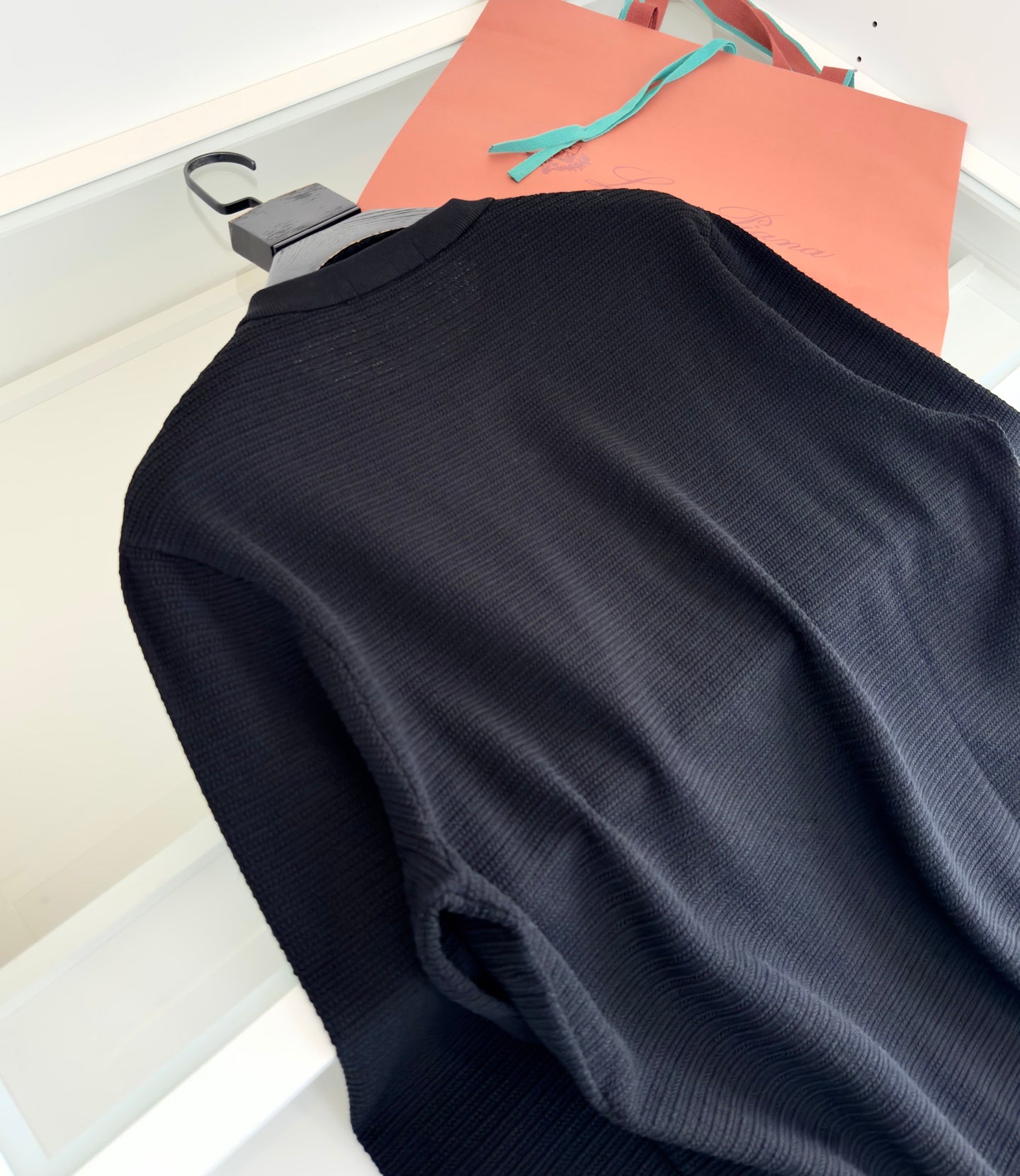 LORO PIANA WOVEN HENLEY COLLAR BLACK SWEATSHIRT