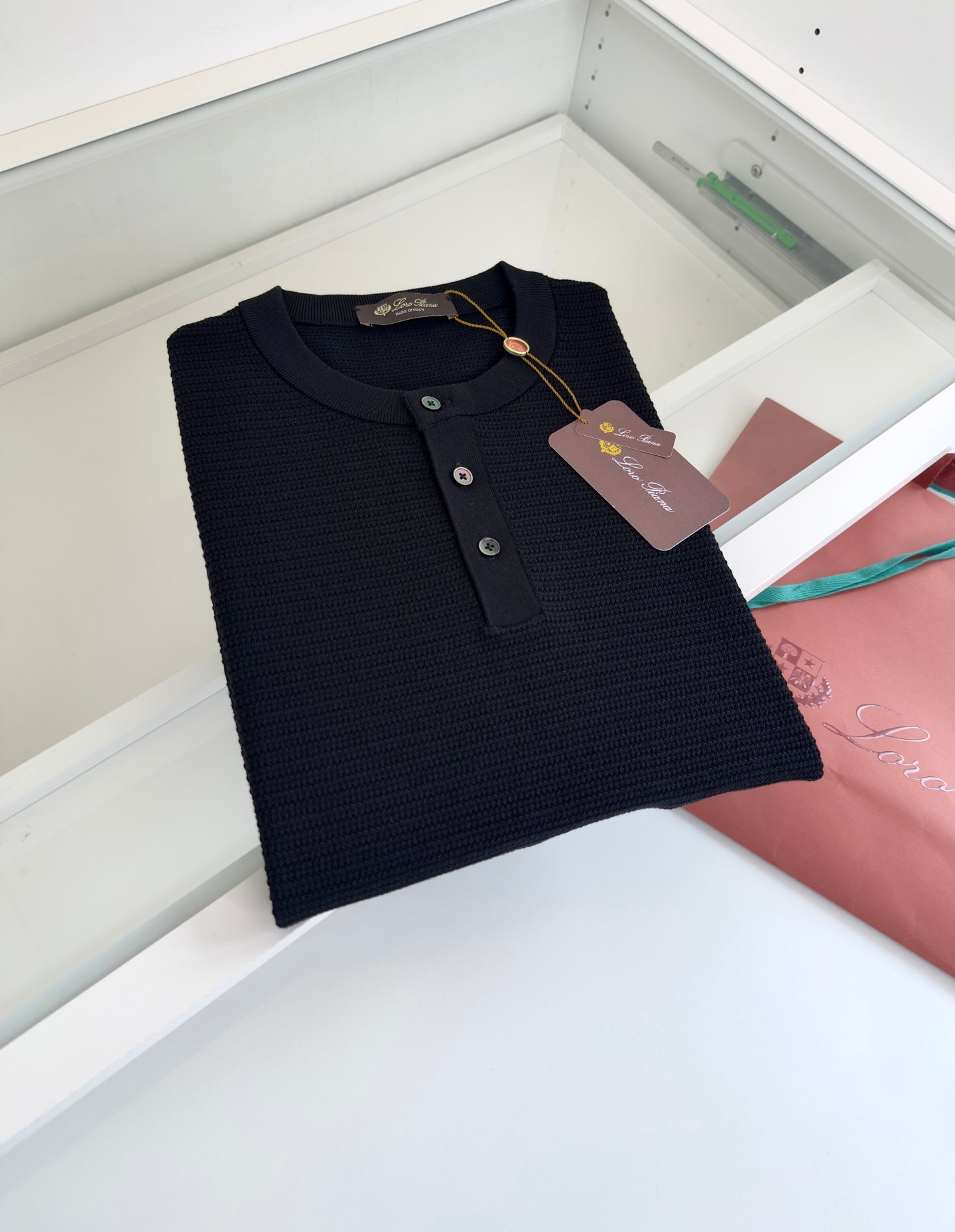 LORO PIANA WOVEN HENLEY COLLAR BLACK SWEATSHIRT