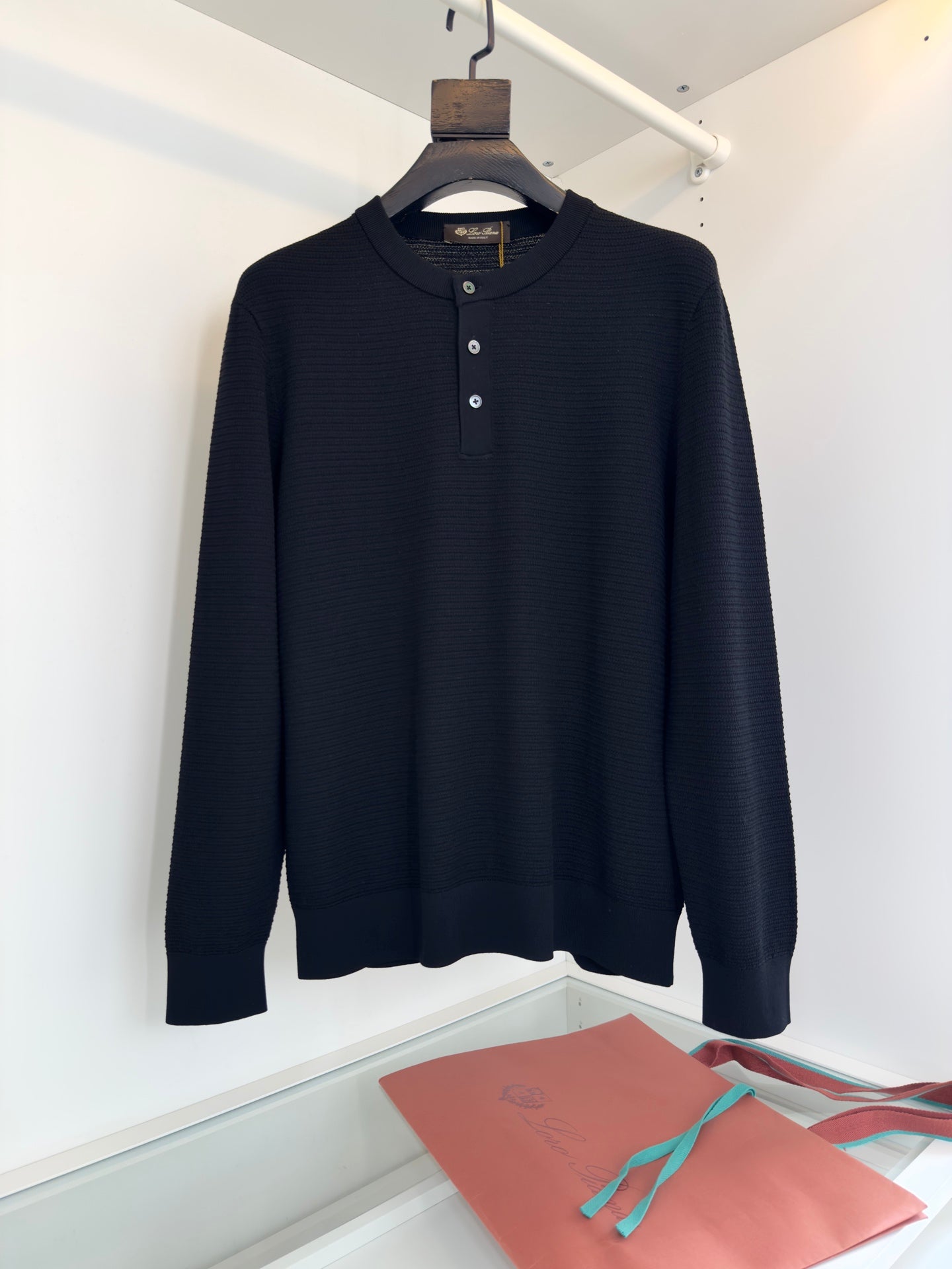 LORO PIANA WOVEN HENLEY COLLAR BLACK SWEATSHIRT