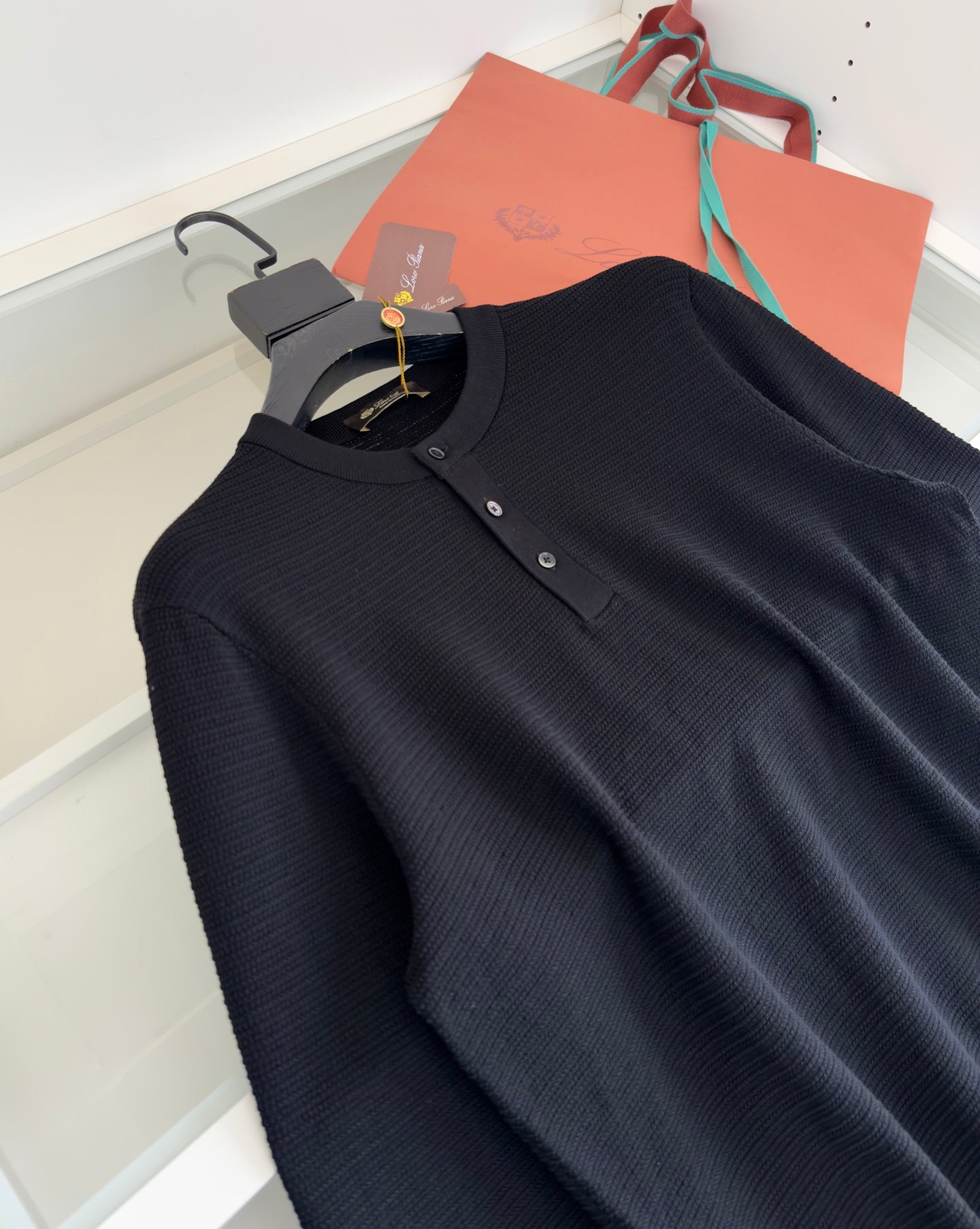 LORO PIANA WOVEN HENLEY COLLAR BLACK SWEATSHIRT