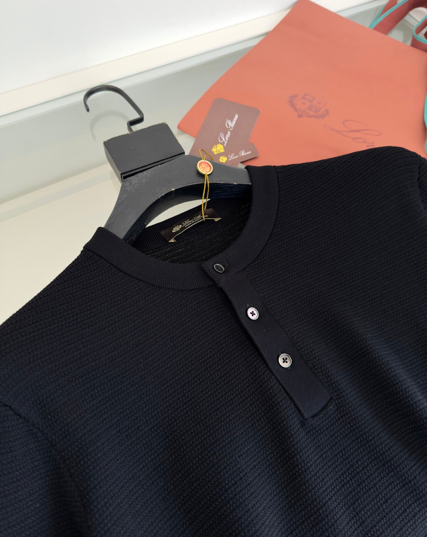 LORO PIANA WOVEN HENLEY COLLAR BLACK SWEATSHIRT