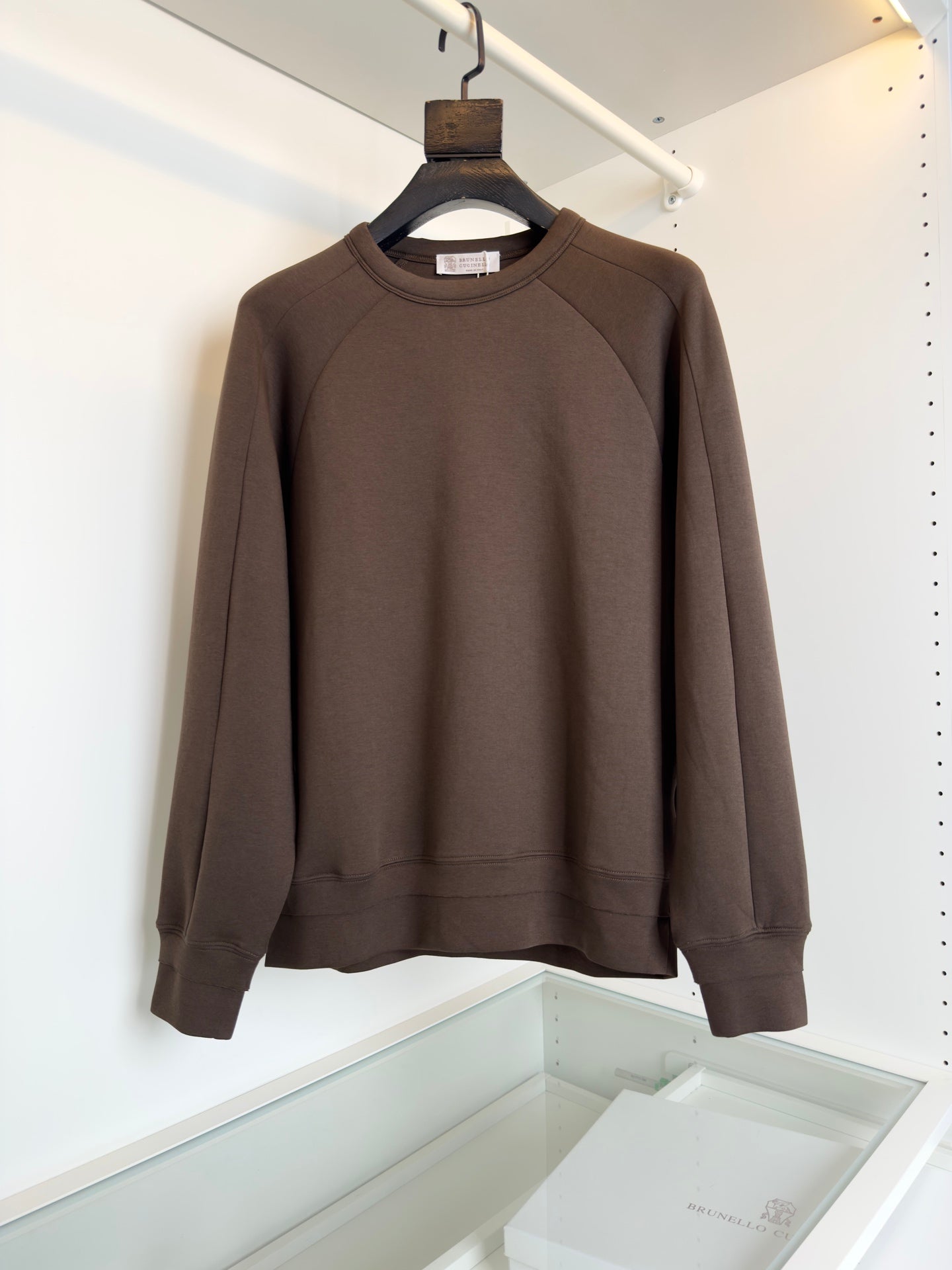BRUNELLO CUCINELLI MINIMALIST STRUCTURAL GEOMETRIC CUTTING CHOCOLATE BROWN SWEATSHIRT