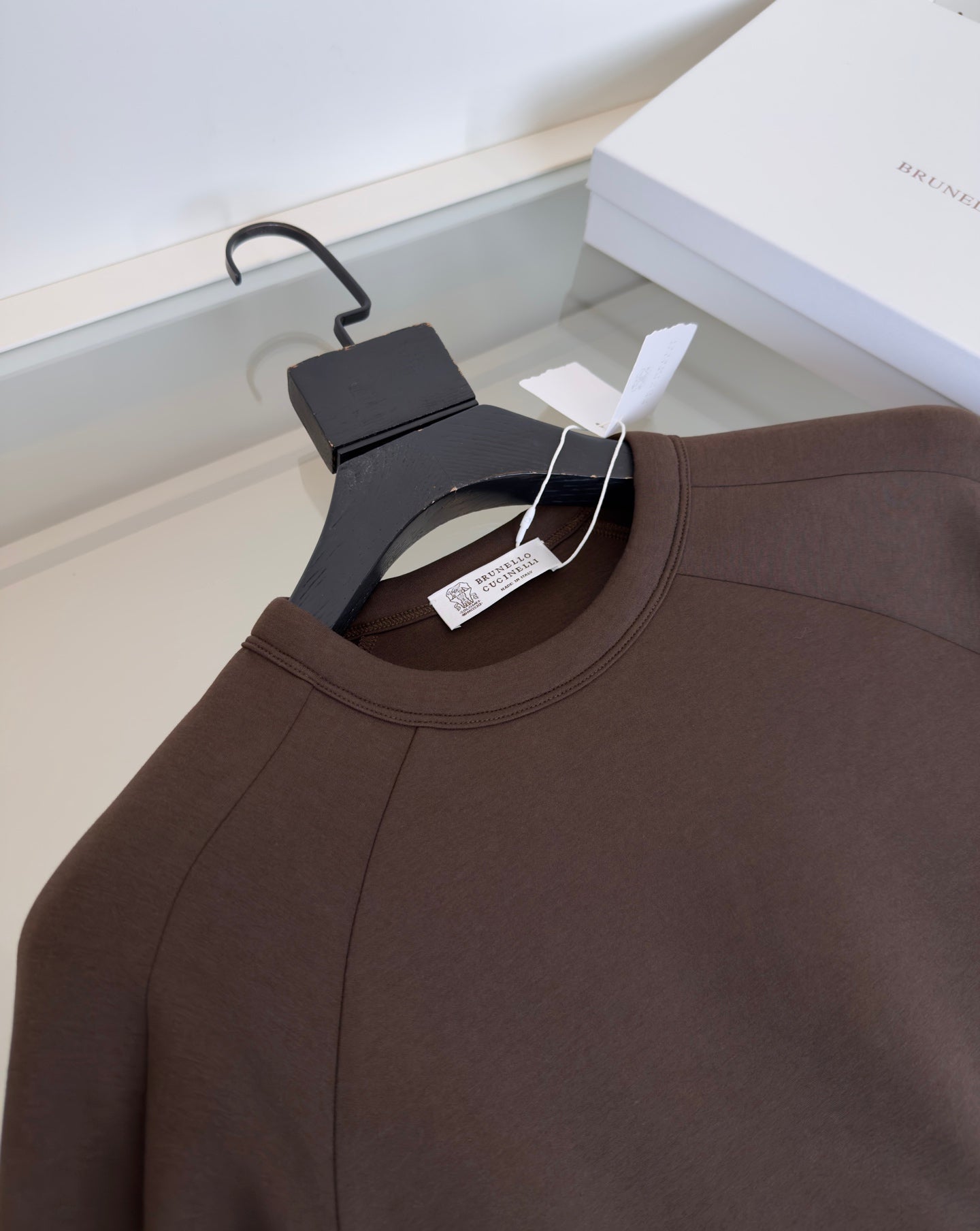 BRUNELLO CUCINELLI MINIMALIST STRUCTURAL GEOMETRIC CUTTING CHOCOLATE BROWN SWEATSHIRT