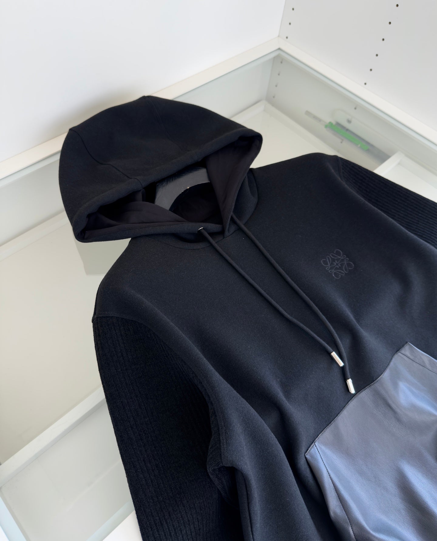 LOEWE WOOL BLEND PATCHWORK BLACK HOODIE