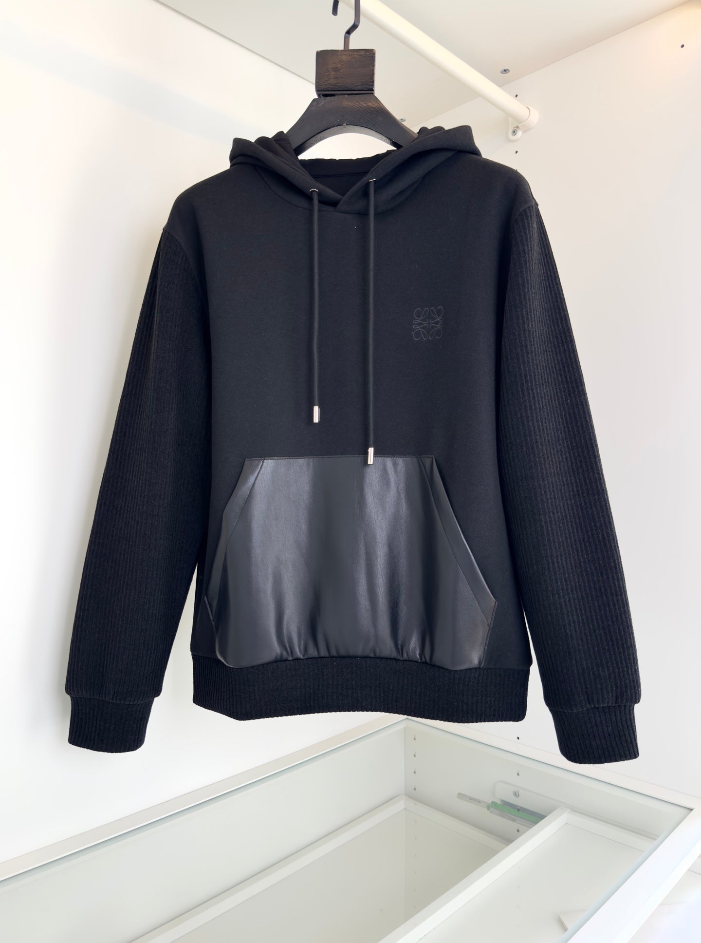 LOEWE WOOL BLEND PATCHWORK BLACK HOODIE