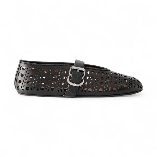ALAÏA PERFORATED LEATHER BALLET WOMEN BLACK PUMPS